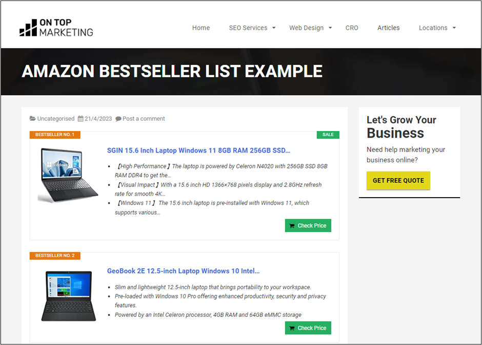 Amazon Bestselling List Example using the keyword Laptop