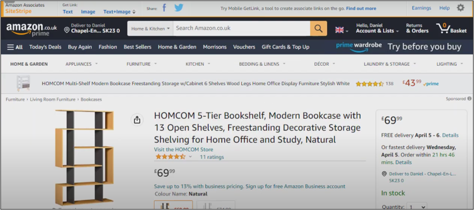 Amazon Page HOMCOM Bookshelf