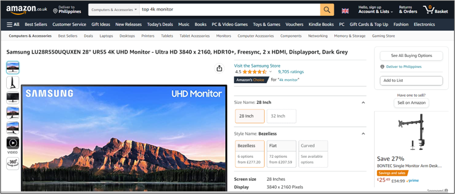 Amazon Product Page for Samsung monitor