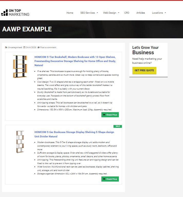 Comparison Table shortcode displayed on page