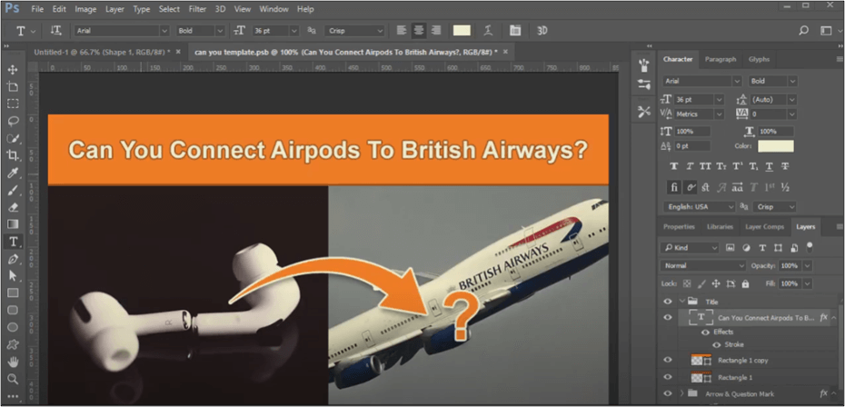 Editing the featured image for Can You Connect Airpods to British Airways on Photoshop