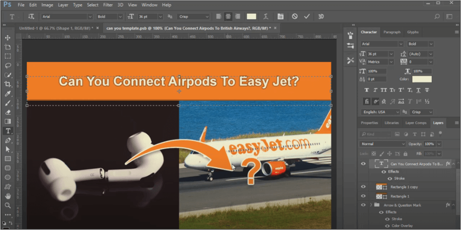 Editing the featured image for Can You Connect Airpods to Easy Jet on Photoshop