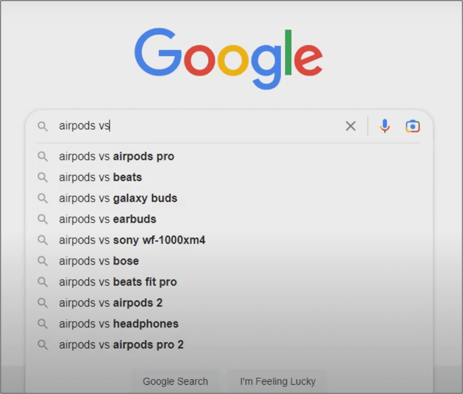 Google's suggestions for airpods vs