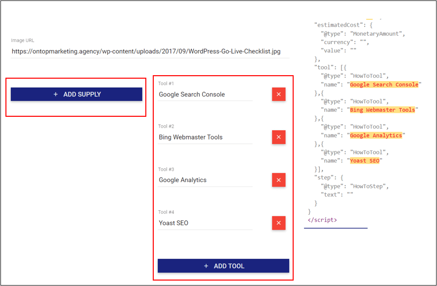 TechnicalSEO.com, Schema Markup Generator Add Supply and Add Tool