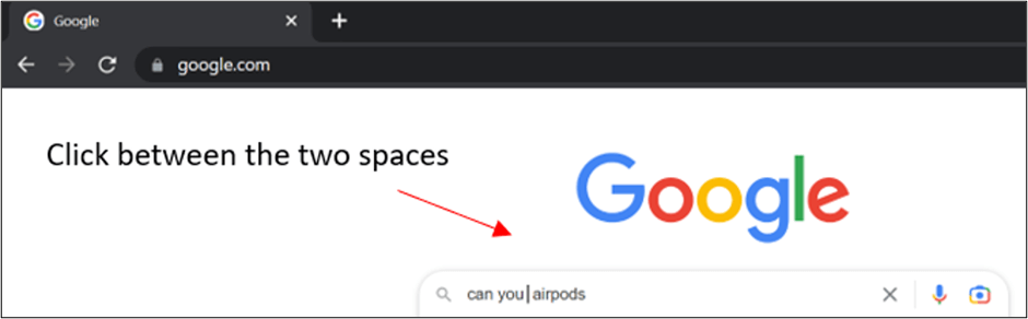 Placing pointer of mouse in between the spaces on Google Search Bar