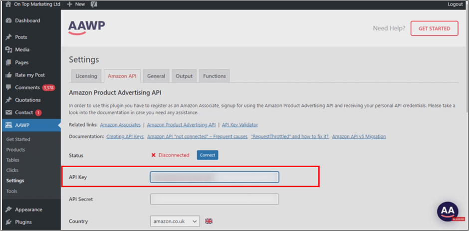 WordPress AAWP Settings API Key