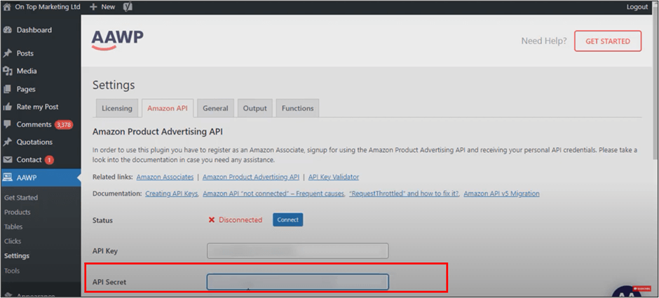 WordPress AAWP Settings API Secret