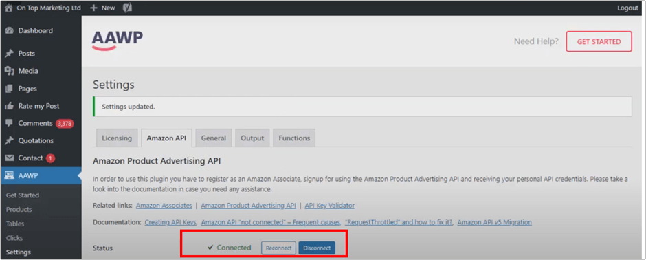 WordPress AAWP Settings Connected API