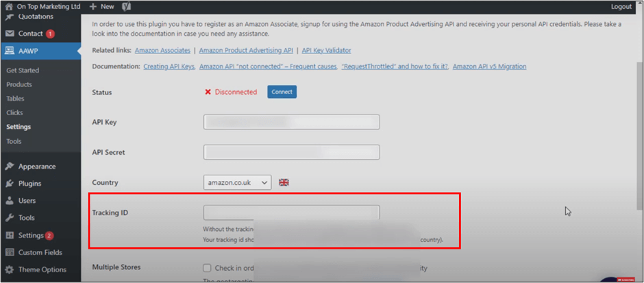 WordPress AAWP Settings Tracking ID