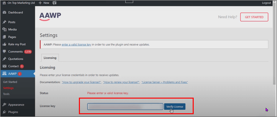 WordPress AAWP Settings Verify License