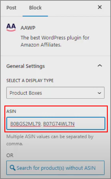 WordPress Editor AAWP Product Boxes add another ASIN Field