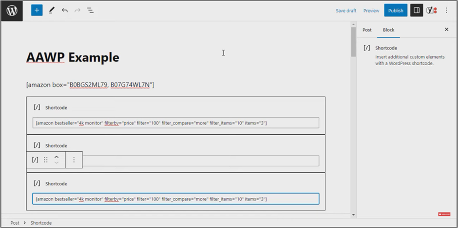 WordPress Editor AAWP shortcode example