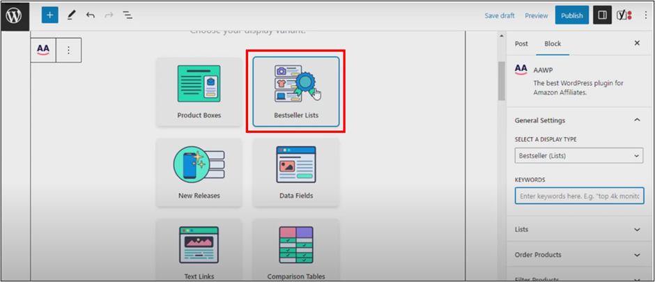 WordPress Editor Add AAWP Bestseller List