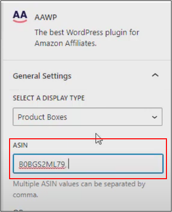 WordPress Editor Add AAWP Product Boxes ASIN Field add comma