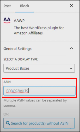 WordPress Editor Add AAWP Product Boxes ASIN Field