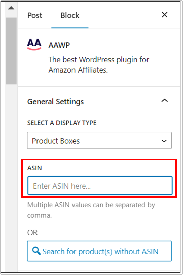 WordPress Editor Add AAWP Product Boxes General Settings ASIN Field