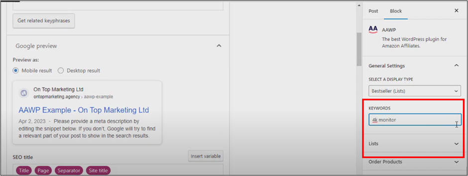 WordPress Editor Add keyword 4k monitor