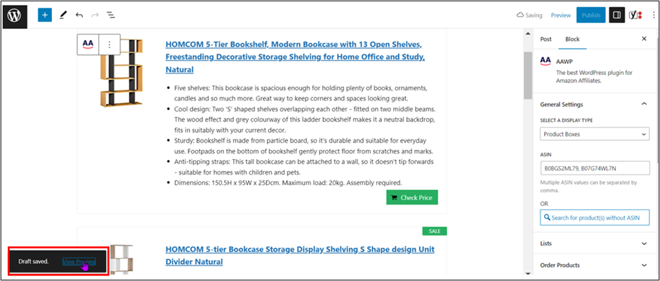 WordPress Editor Product Boxes for Bookshelves Preview