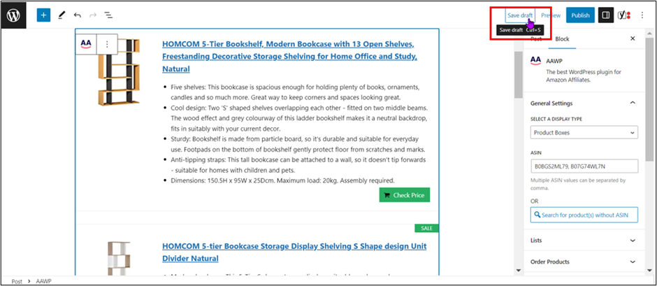WordPress Editor Product Boxes for Bookshelves Save Draft