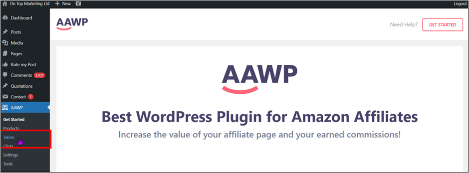 WordPress dashboard AAWP Table