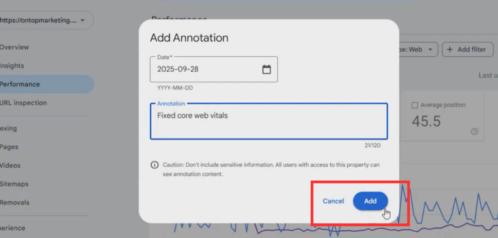 Google Search Console, Add annotation button