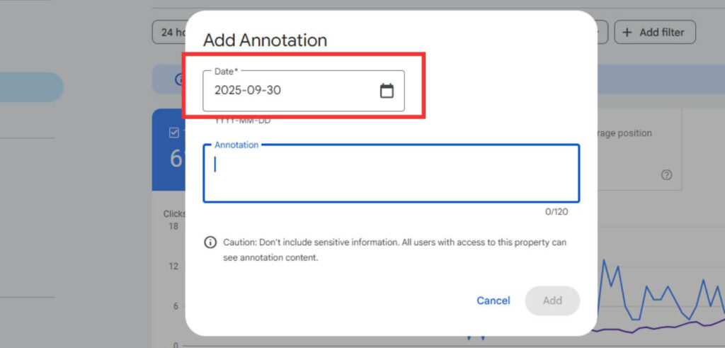Google Search Console. Date picker