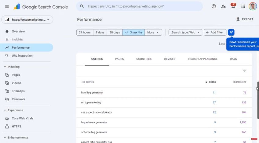 Google Search Console Performance Report (Queries)
