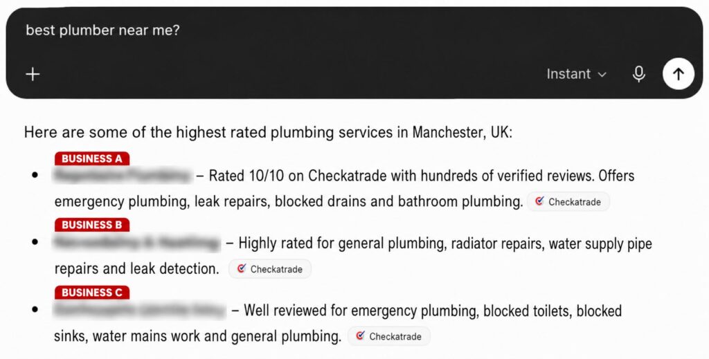 Example of ChatGPT recommending a business by name in its answer