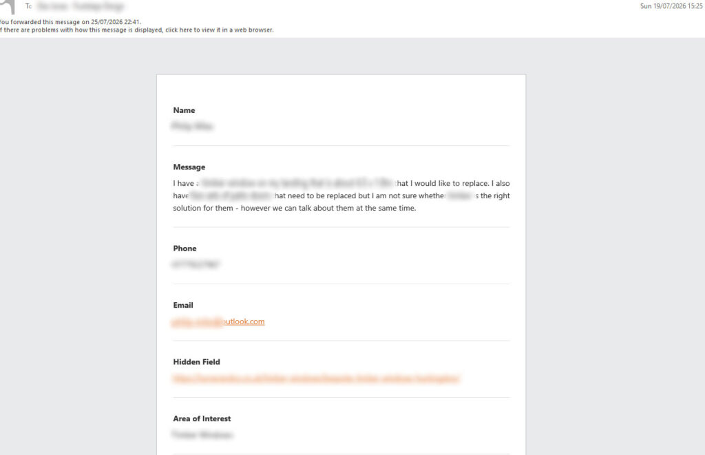 On Top Marketing SEO case study: anonymised enquiry form submission showing a genuine lead generated through the location page, received shortly after it reached the number one ranking position