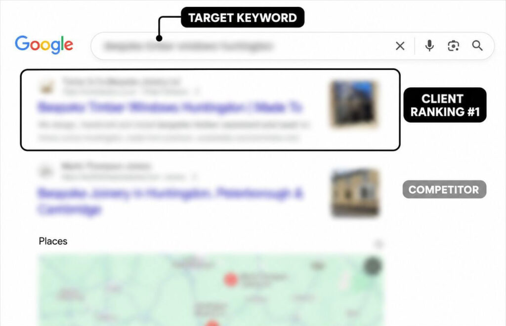 On Top Marketing SEO case study: anonymised Google search results graphic showing a client's location page reaching the number one ranking position within 11 days of publishing, ranked number one and first enquiry received under 3 weeks
