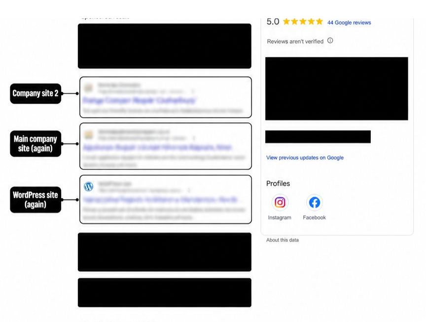 On Top Marketing SEO case study: continued Google search results showing a second company site and repeat appearances of the main site and WordPress site among the client's page one rankings